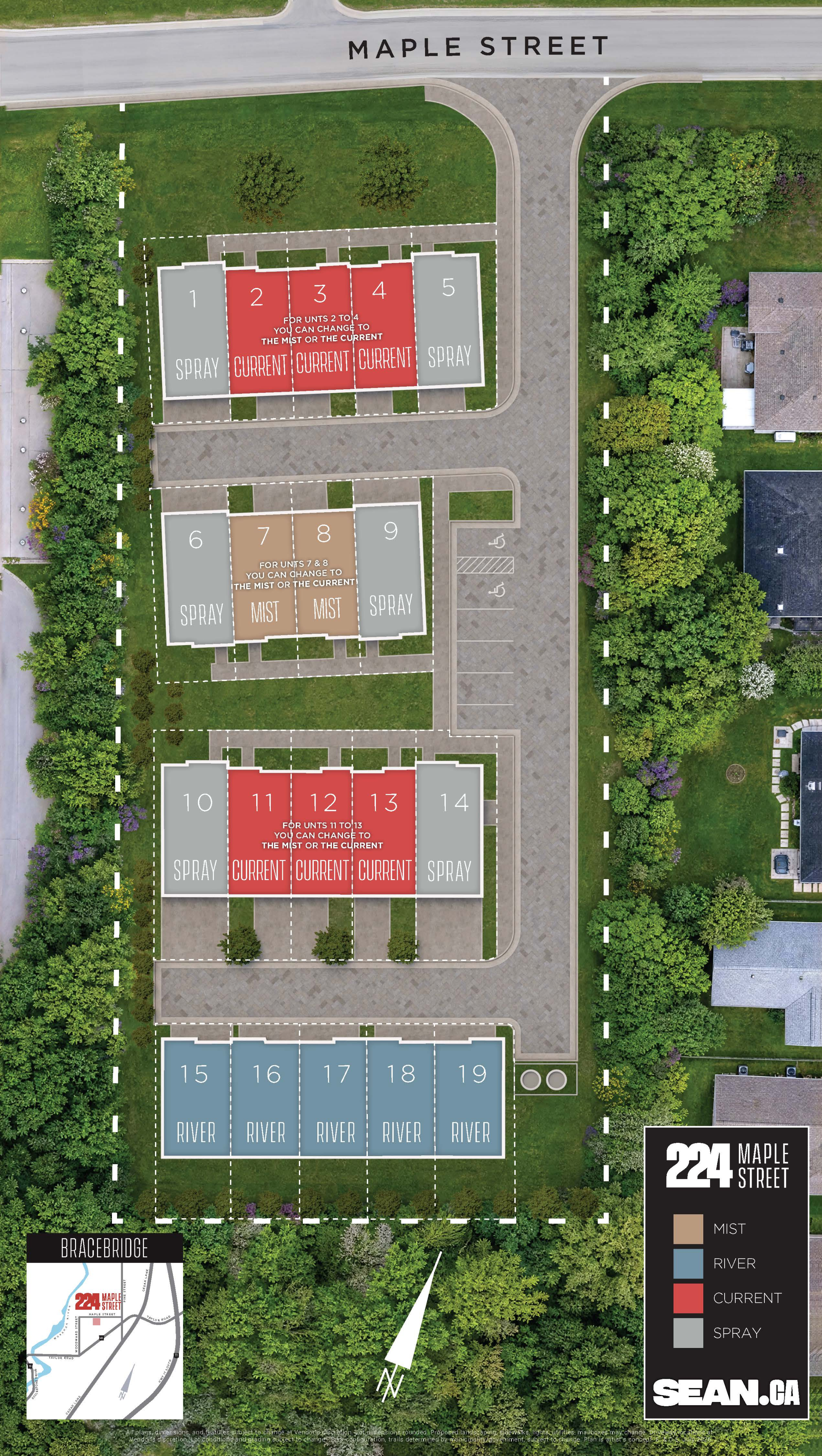 224 Maple Street site plan showing 19 lots with model assignments